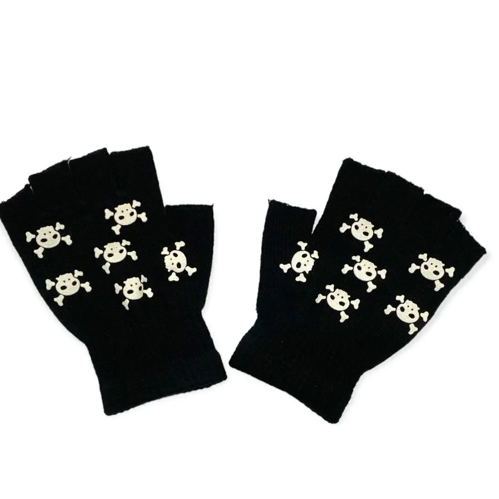 Raves Glow In The Dark Skeleton Bones Black Knit Arm Warmers Gloves NEW